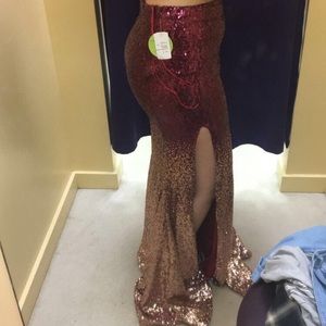 SEQUINED PROM DRESS LONG 2 PIECE HALTER TOP MAROON